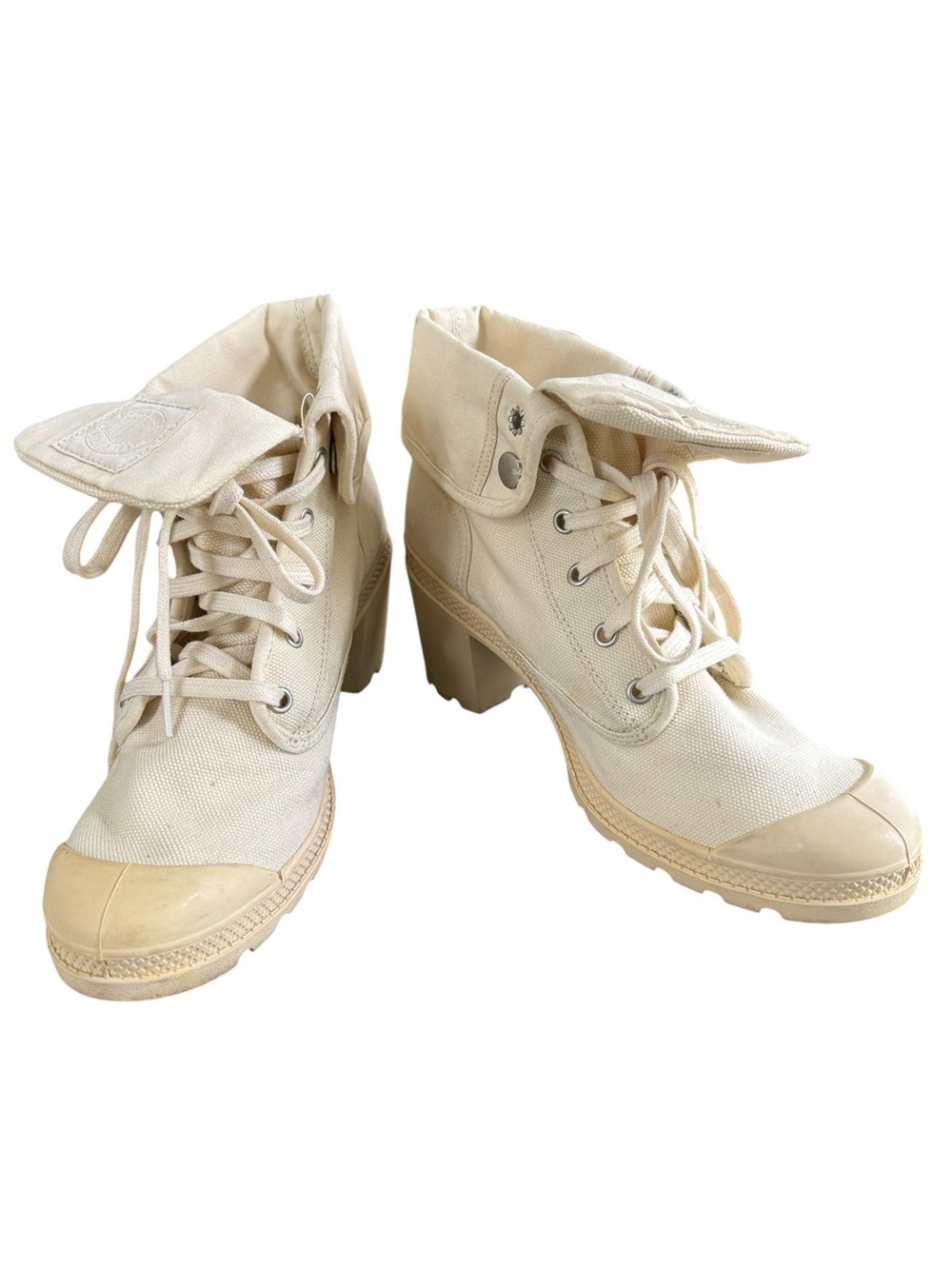Palladium Baggy Canvas High Heel Combat Boots In Cream Size 10